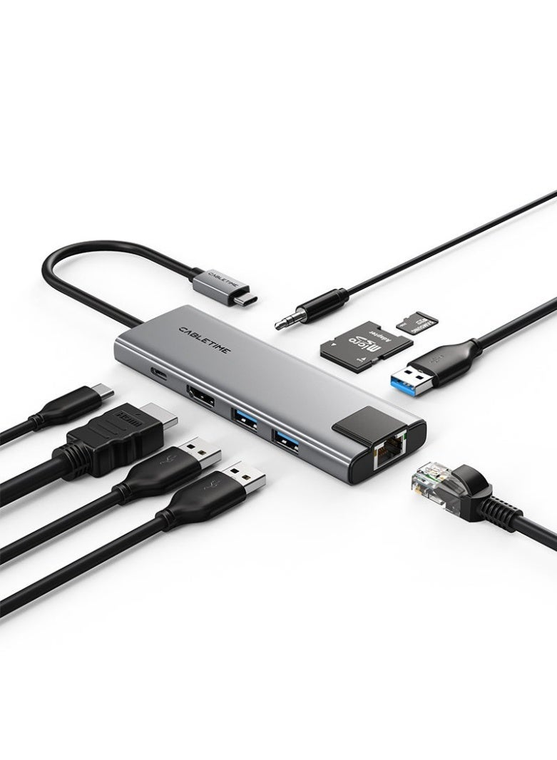 كابل تايم موزع USB-C 9 في 1 مع منفذ HDMI بدقة 4K، منفذ شحن، منفذ إيثرنت، منفذ صوت - Image 2